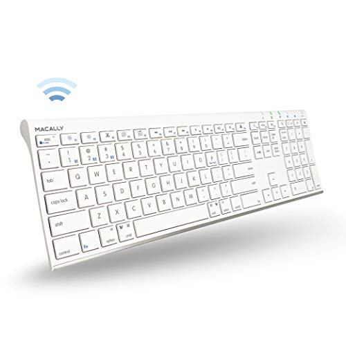 Macally Wireless Bluetooth Keyboard for Mac or Windows PC - Multi Device Keyboard, Up to 3 Devices - Compatible Apple Keyboard Rechargeable with 110 Keys, 20 Shortcuts, and Numeric Keypad - White