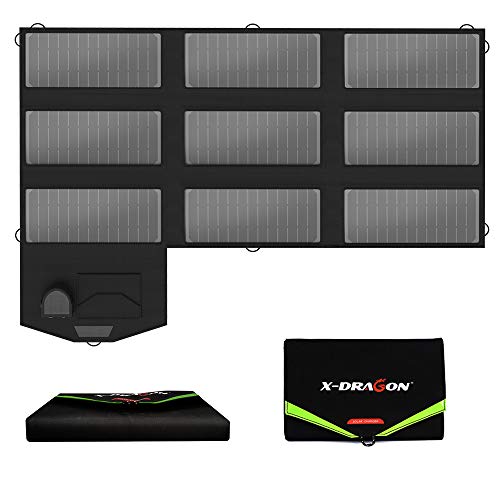 X-DRAGON 70W Foldable Solar Panel (5V USB with Solar IQ + 18V DC+ Parallel Port) Water Resistant Charger for Notebook,Portable Generator,car Battery,Cellphone, Tablet,and More (18V 70W)