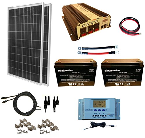 WindyNation 200 Watt (2pcs 100 Watt) Solar Panel Kit + 1500W Power Inverter + 200ah 12 Volt AGM Deep Cycle Battery Bank for RV, Boat, Off-Grid