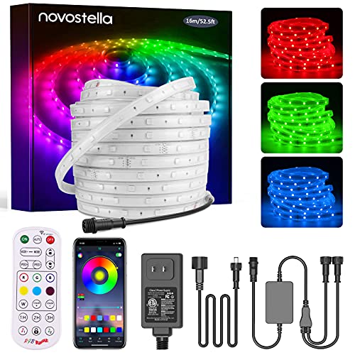 Novostella 52.5ft Smart LED Outdoor Rope Light, Music Sync RGB Strip Lights, App Control and RF Remote Color Changing Dimmable Tape Exterior Lighting Kit, for Garden Decorative Stairs Party, 24V IP65