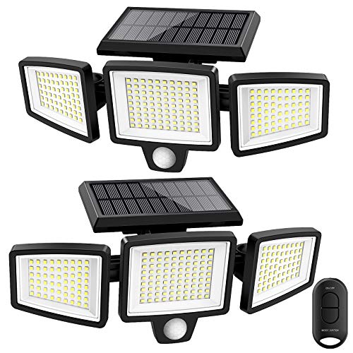 Solar Lights Outdoor,WWimy 210 LED 2500LM Motion Sensor Lights with Remote Control, 3 Heads Security LED Flood Lights, IP65 Waterproof, 270° Wide Angle Illumination Wall Lights with 3 Modes(2 Packs)