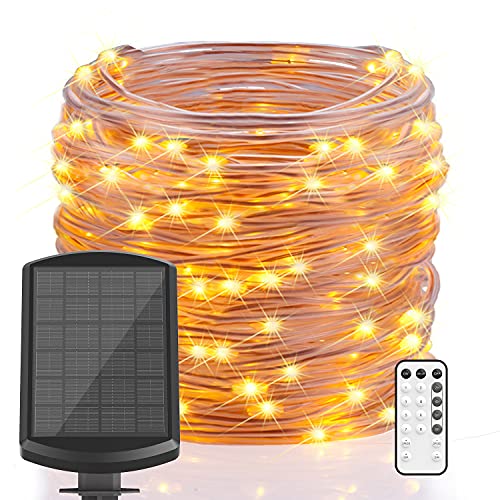 Solar String Lights Outdoor, 66 ft 200 LEDs Solar Powered Fairy Lights, IP67 Waterproof 8 Modes RF Remote Timer Rope Lights with 3.7V/2000mA, Solar Lights Outdoor Decorative (Warm White)
