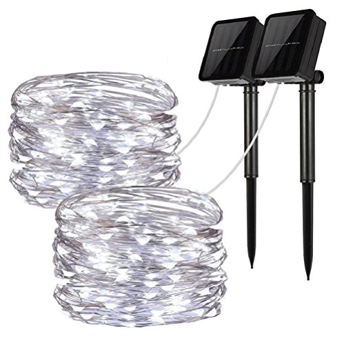 LiyuanQ Solar String Lights, 2 Pack 100 LED Solar Fairy Lights 33 feet 8 Modes Copper Wire Lights Waterproof Outdoor String Lights for Garden Patio Gate Yard Party Wedding Indoor Bedroom Cool White
