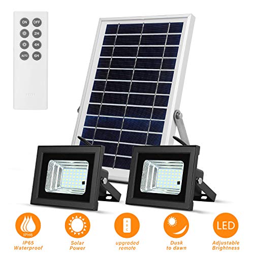 Solar Flood Lights Outdoor Remote,Dual 42 LEDs 6500K Lights Dusk to Dawn Solar Security Lights,16.4ft Separated Cables IP65 Waterproof Solar Lights for Barn,Pool,Garage