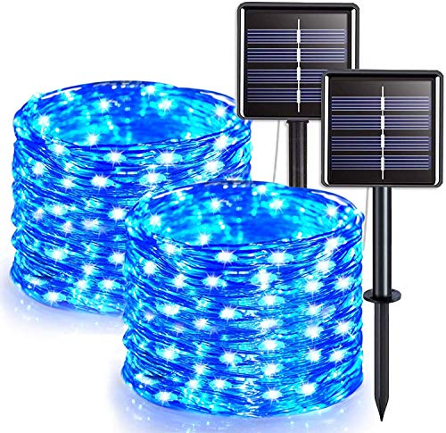 [2 Pack] Blue Outdoor Solar Fairy Lights, 200 LED Outdoor Solar String Lights Garden Decorative Lights 66Ft Waterproof Indoor Outdoor Lighting for Garden, Patio, Yard, Christmas
